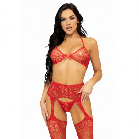 LEG AVENUE - SET TRE PEZZI REGGISENO, PERING E CALZA TAGLIA UNICA - ROSSO