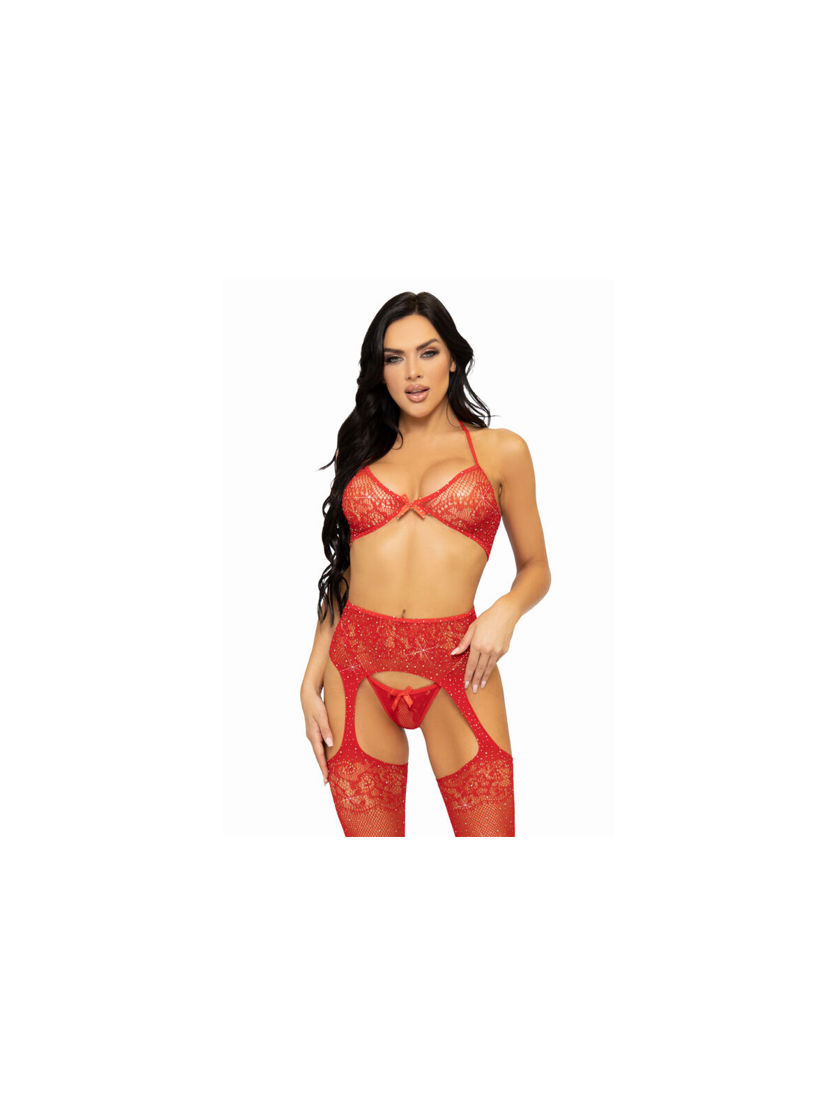 LEG AVENUE - SET TRE PEZZI REGGISENO, PERING E CALZA TAGLIA UNICA - ROSSO