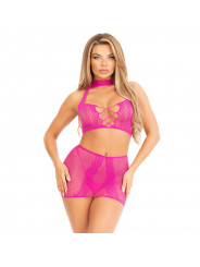 LEG AVENUE - TOP E GONNA IN PIZZO APERTO FUCSIA