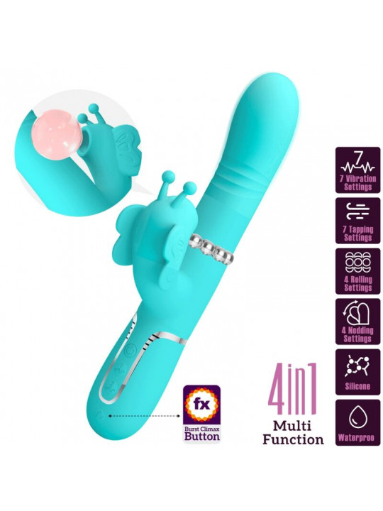 PRETTY LOVE - VIBRATORE MULTIFUNZIONE RABBIT 4 IN 1 FARFALLA VERDE ACQUA