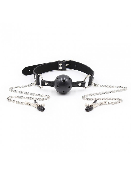 OHMAMA FETISH - BALL GAG CON VENTOLE E MORSETTI PER CAPEZZOLI