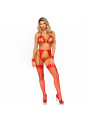 LEG AVENUE - SET QUATTRO PEZZI REGGISENO, G-STRING, REGGISTREE E POLSINI TAGLIA UNICA - ROSSO