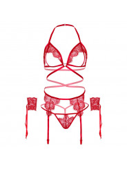 LEG AVENUE - SET QUATTRO PEZZI REGGISENO, G-STRING, REGGISTREE E POLSINI TAGLIA UNICA - ROSSO