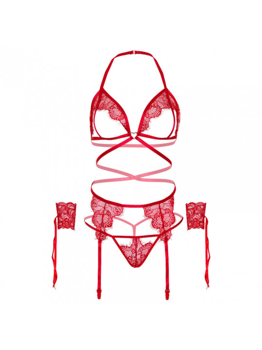 LEG AVENUE - SET QUATTRO PEZZI REGGISENO, G-STRING, REGGISTREE E POLSINI TAGLIA UNICA - ROSSO