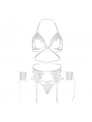 LEG AVENUE - SET QUATTRO PEZZI REGGISENO, G-STRING, REGGISTREE E POLSINI TAGLIA UNICA - BIANCO