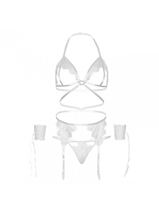 LEG AVENUE - SET QUATTRO PEZZI REGGISENO, G-STRING, REGGISTREE E POLSINI TAGLIA UNICA - BIANCO