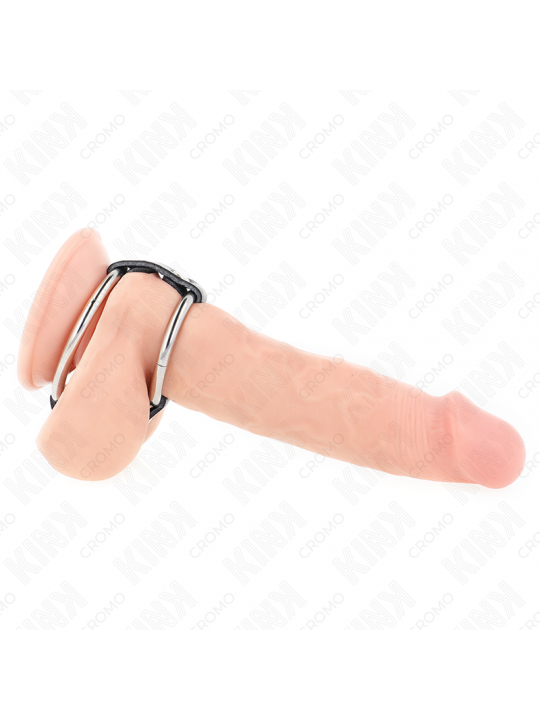 KINK - DOPPIO ANELLO PER PENE IN METALLO DA 3,8 CM A 5 CM COLLEGATO CON PELLE