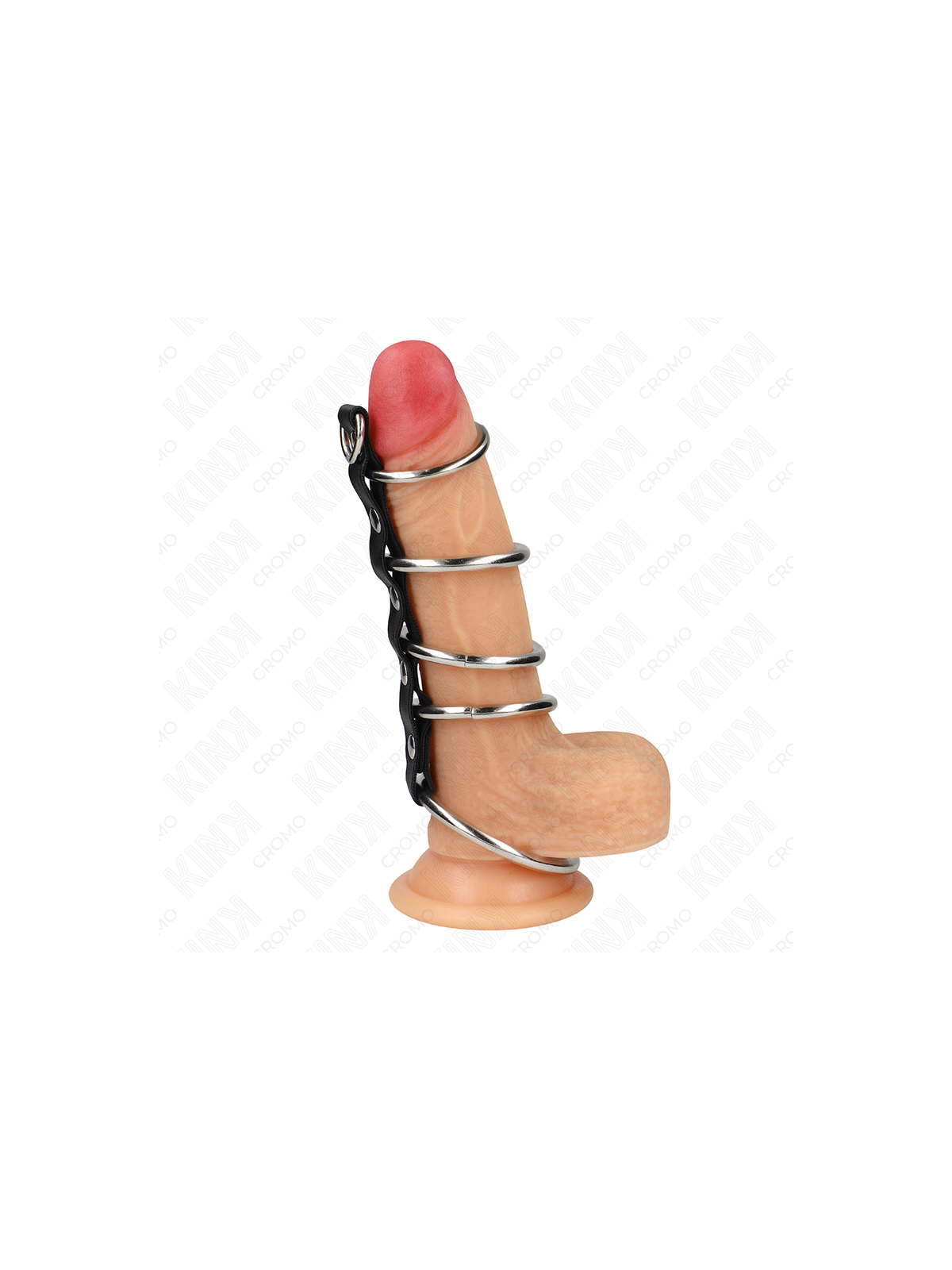 KINK - 5 ANELLI PER PENE IN METALLO DA 3,2 CM A 5 CM COLLEGATI DA PELLE