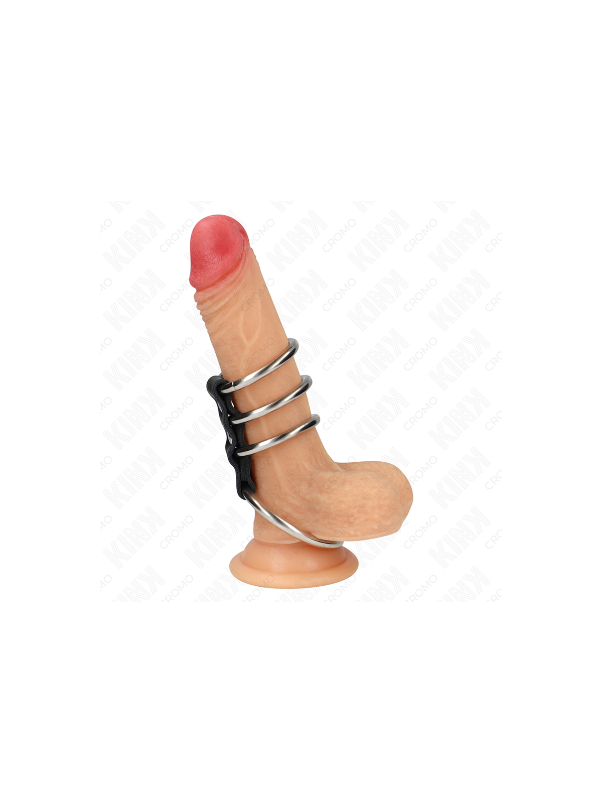 KINK - 4 ANELLI PER PENE IN METALLO DA 3,7 CM A 5 CM COLLEGATI DA PELLE