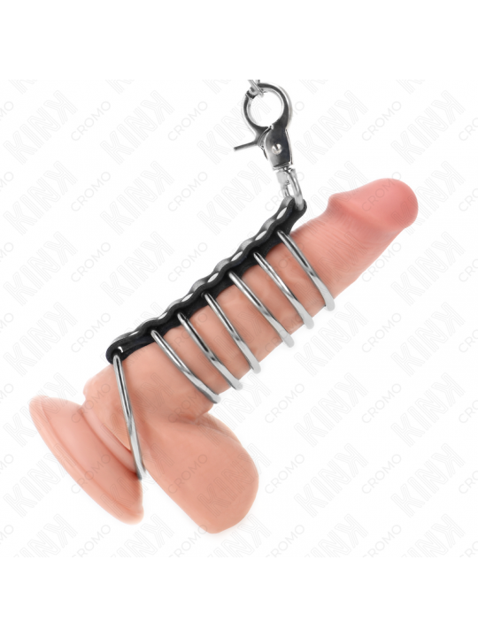 KINK - 7 ANELLI PER PENE IN METALLO DA 3,8 CM A 5 CM COLLEGATI CON PELLE E CATENA IN METALLO 100 CM