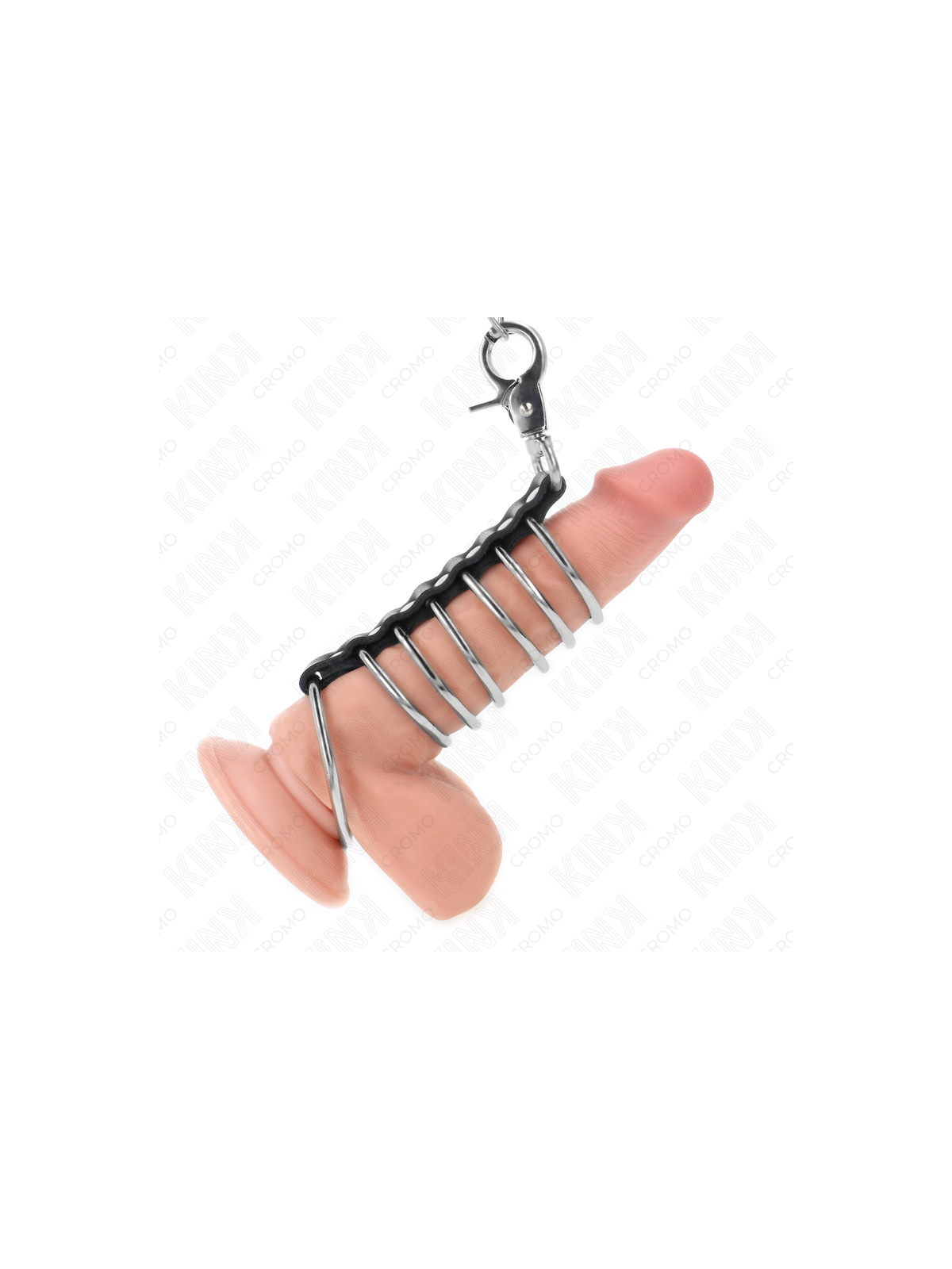 KINK - 7 ANELLI PER PENE IN METALLO DA 3,8 CM A 5 CM COLLEGATI CON PELLE E CATENA IN METALLO 100 CM