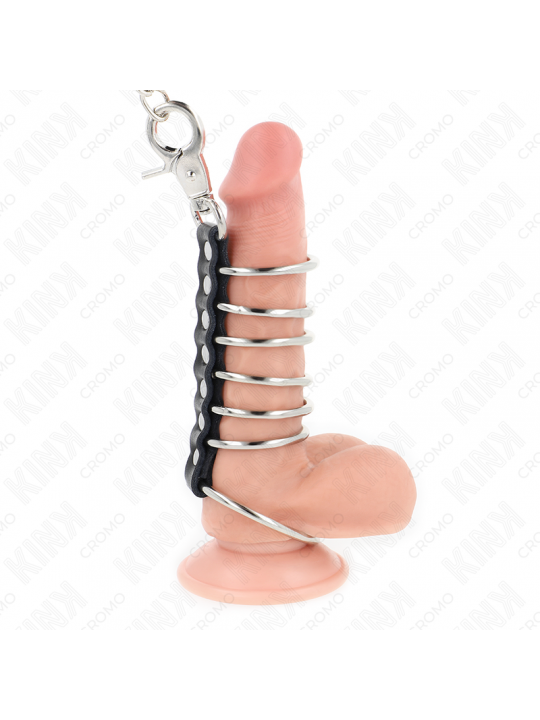 KINK - 7 ANELLI PER PENE IN METALLO DA 3,8 CM A 5 CM COLLEGATI CON PELLE E CATENA IN METALLO 100 CM