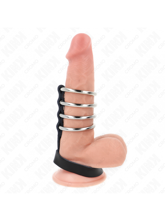 KINK - 4 ANELLI PER PENE IN METALLO DA 3,8 CM COLLEGATI CON CINTURINO IN PELLE DA 22 X 1,5 CM E CHIUSURA A PRESSIONE