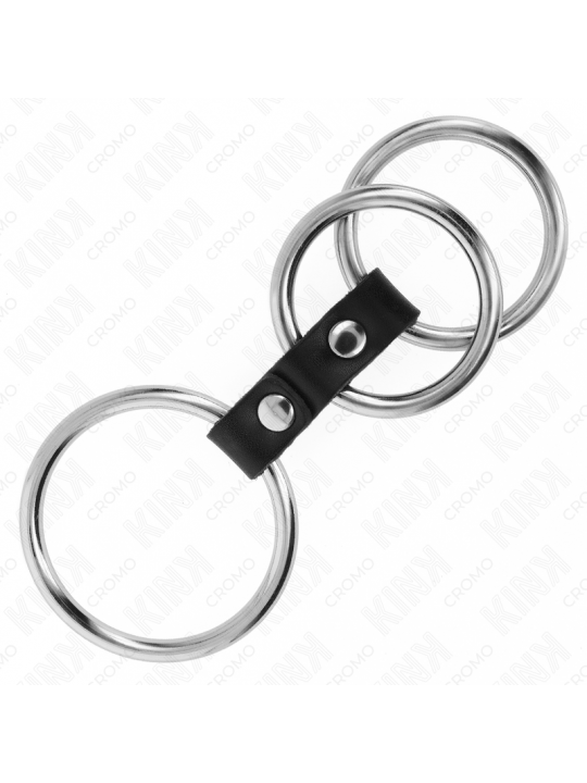 KINK - ANELLO PER PENE IN METALLO TRIPLO DA 3,7 CM A 5 CM COLLEGATO CON PELLE