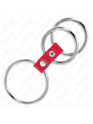 KINK - ANELLO PER PENE IN TRIPLO METALLO DA 3,7 CM A 5 CM COLLEGATO CON PELLE ROSSA