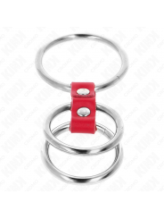 KINK - ANELLO PER PENE IN TRIPLO METALLO DA 3,7 CM A 5 CM COLLEGATO CON PELLE ROSSA