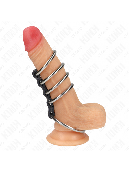 KINK - 5 ANELLI PER PENE DA 3,7 CM A 5 CM METALLO COLLEGATI DA PELLE