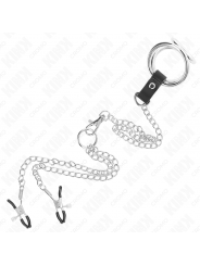 KINK - ANELLO PER PENE IN METALLO CROMATO TRIPLO DA 3 CM A 4,5 CM CON CATENA IN METALLO DA 26 CM E CLIP PER CAPEZZOLI