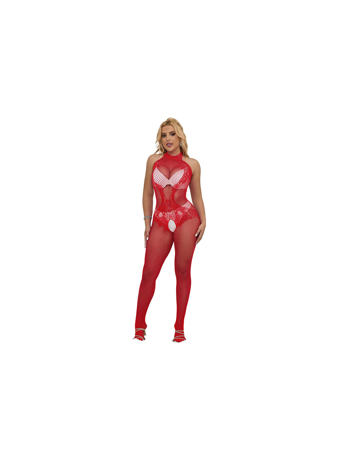 SUBBLIME - 952372 BODYSTOCKING A RETE E PIZZO SENZA CAVALLO CON COLLO ALTO ROSSO TAGLIA UNICA