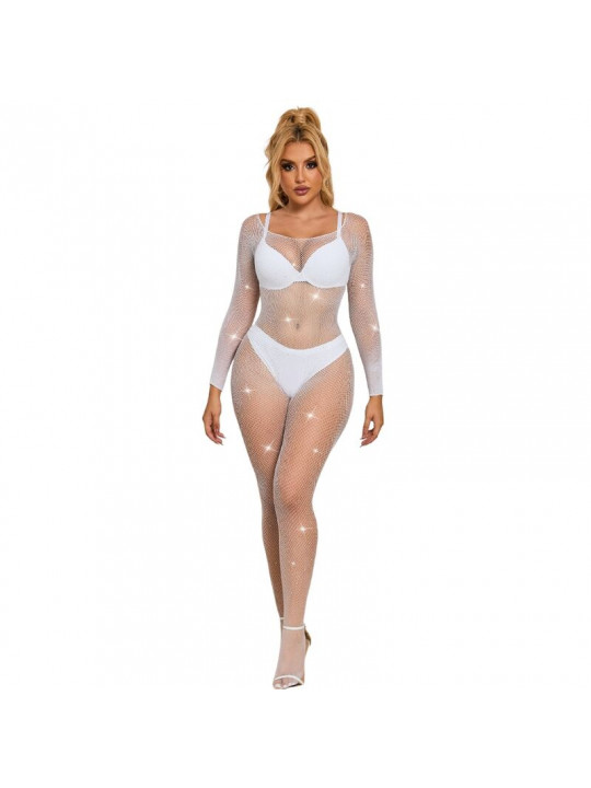 SUBBLIME - 952396 BODYSTOCKING A RETE CON STRASS MANICA LUNGA BIANCO TAGLIA UNICA