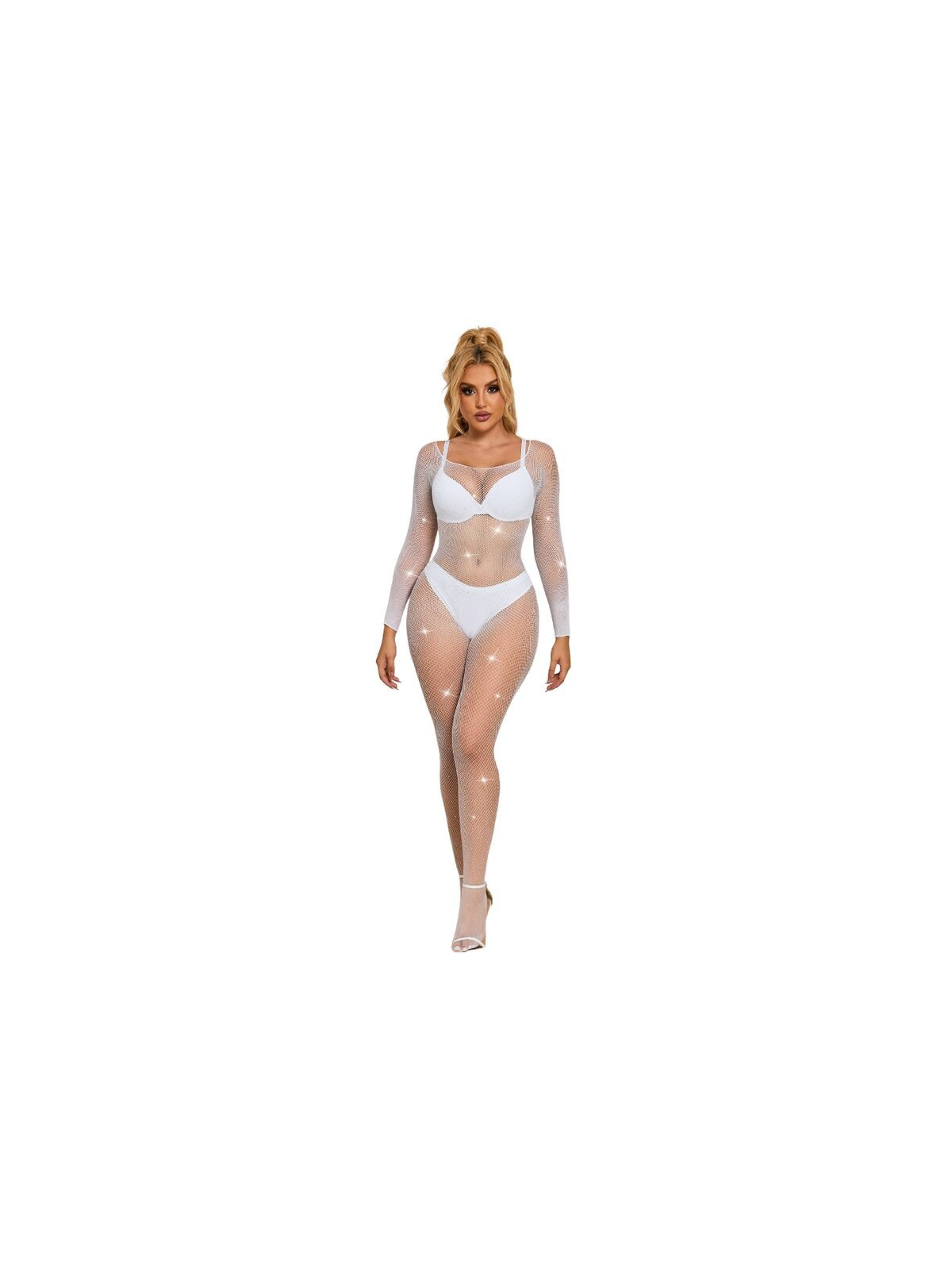 SUBBLIME - 952396 BODYSTOCKING A RETE CON STRASS MANICA LUNGA BIANCO TAGLIA UNICA