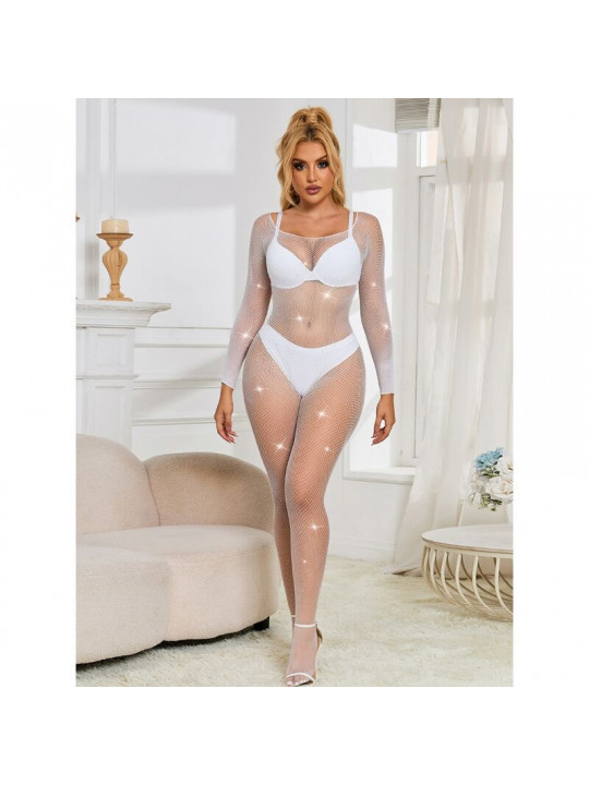 SUBBLIME - 952396 BODYSTOCKING A RETE CON STRASS MANICA LUNGA BIANCO TAGLIA UNICA