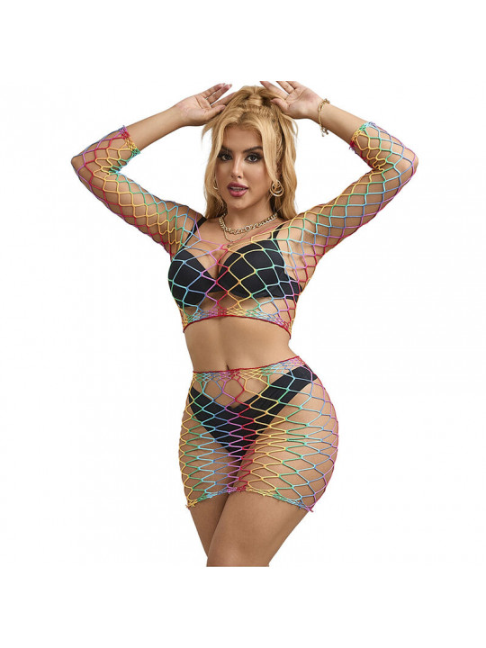 SUBBLIME - 952440 BODYSTOCKING A RETE 2 PEZZI MANICA LUNGA ARCOBALENO TAGLIA UNICA